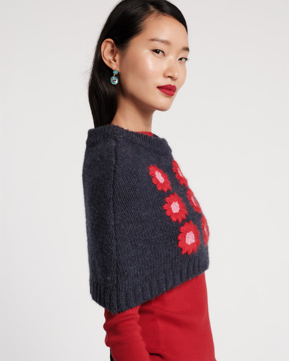 Emma Embroidered Flower Shrug - Navy