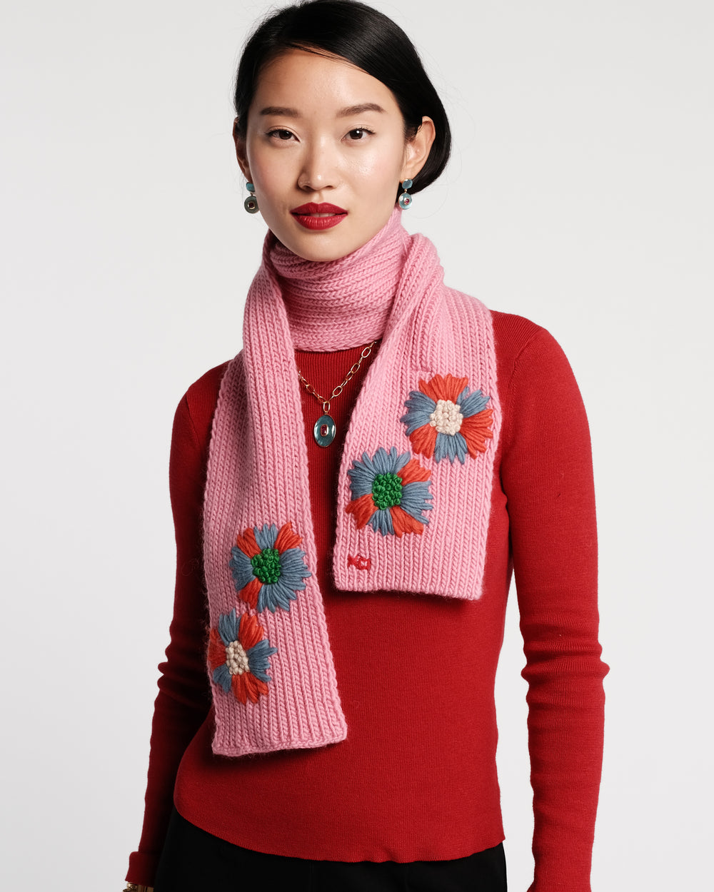 Embroidered Knit Scarf - Pink Scarf Frances Valentine