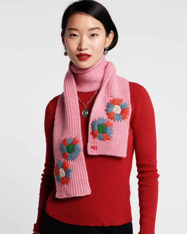 Embroidered Knit Scarf - Pink Scarf Frances Valentine
