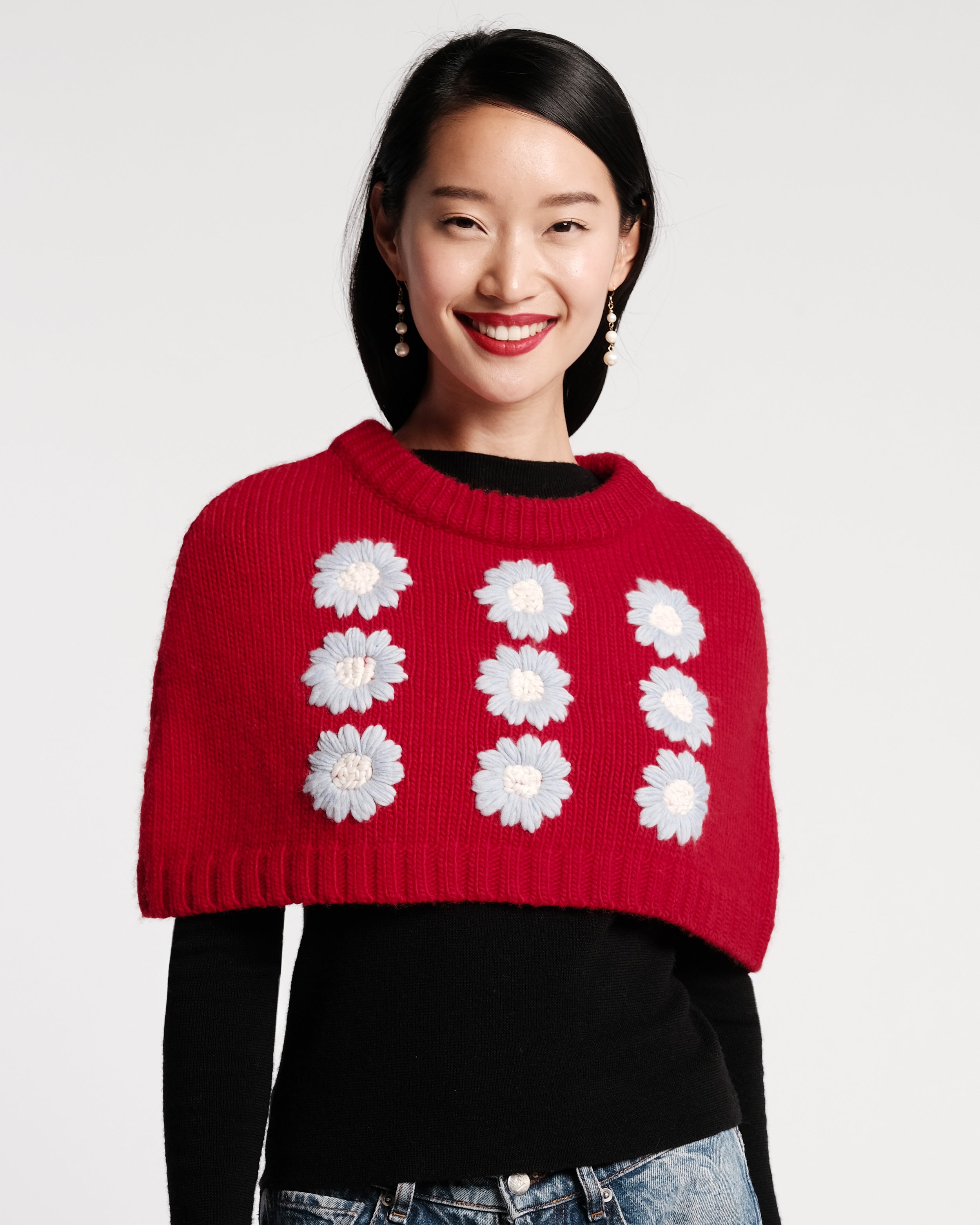 Emma Embroidered Flower Shrug - Red – Frances Valentine