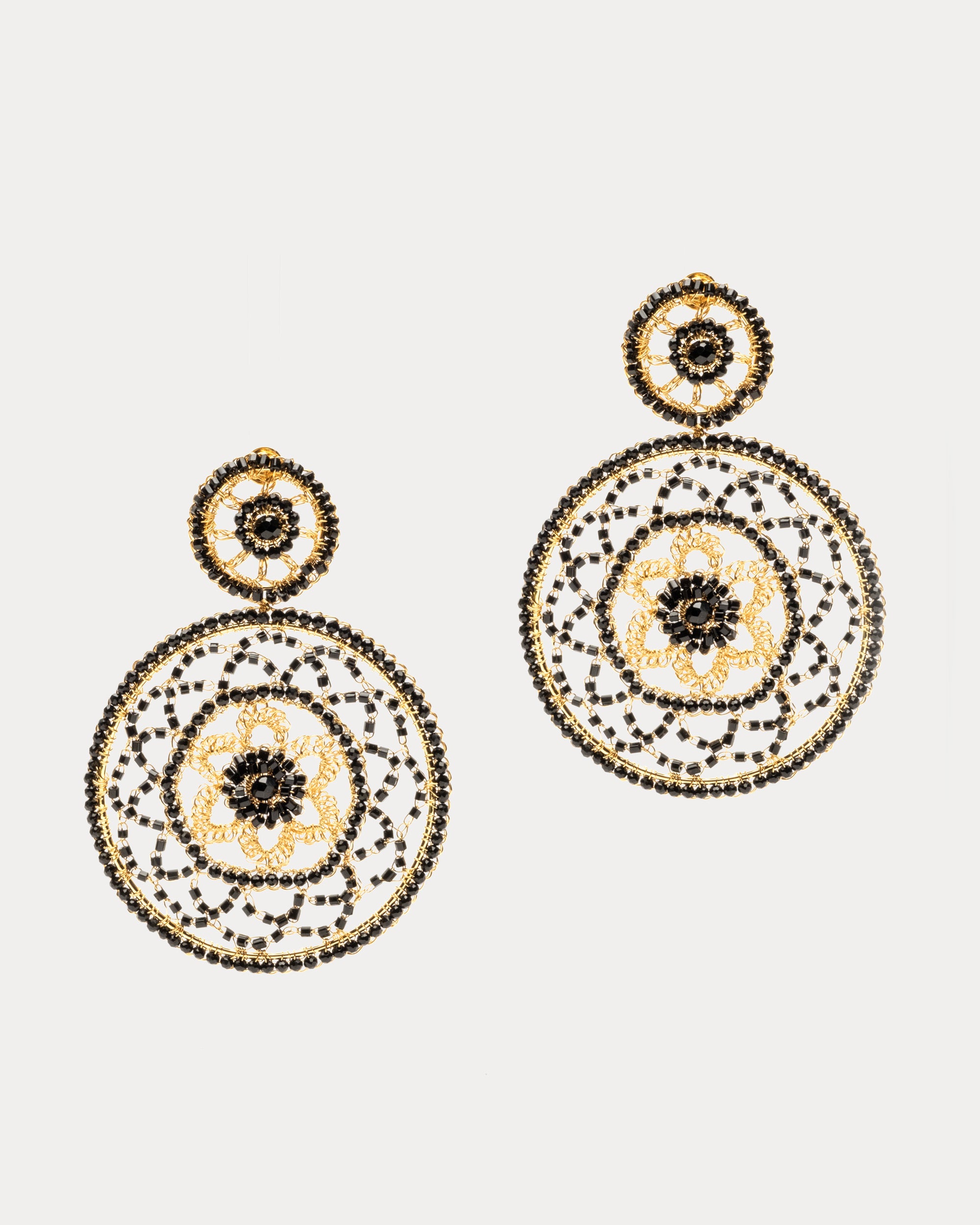 Large Crochet Dream Catcher Earrings Gold Black
