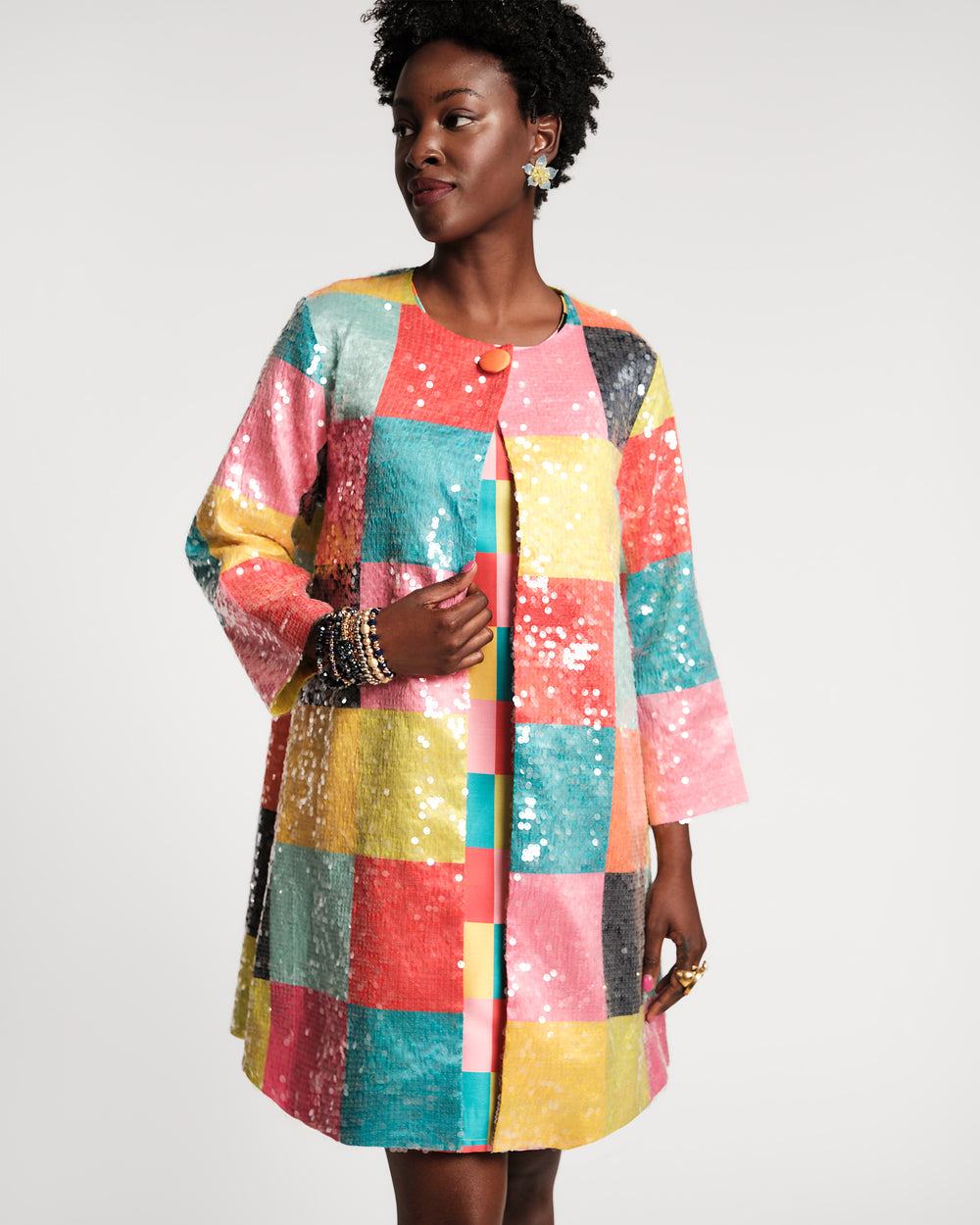 Sequin Swing Coat - Rainbow Check Coats & Jackets Frances Valentine