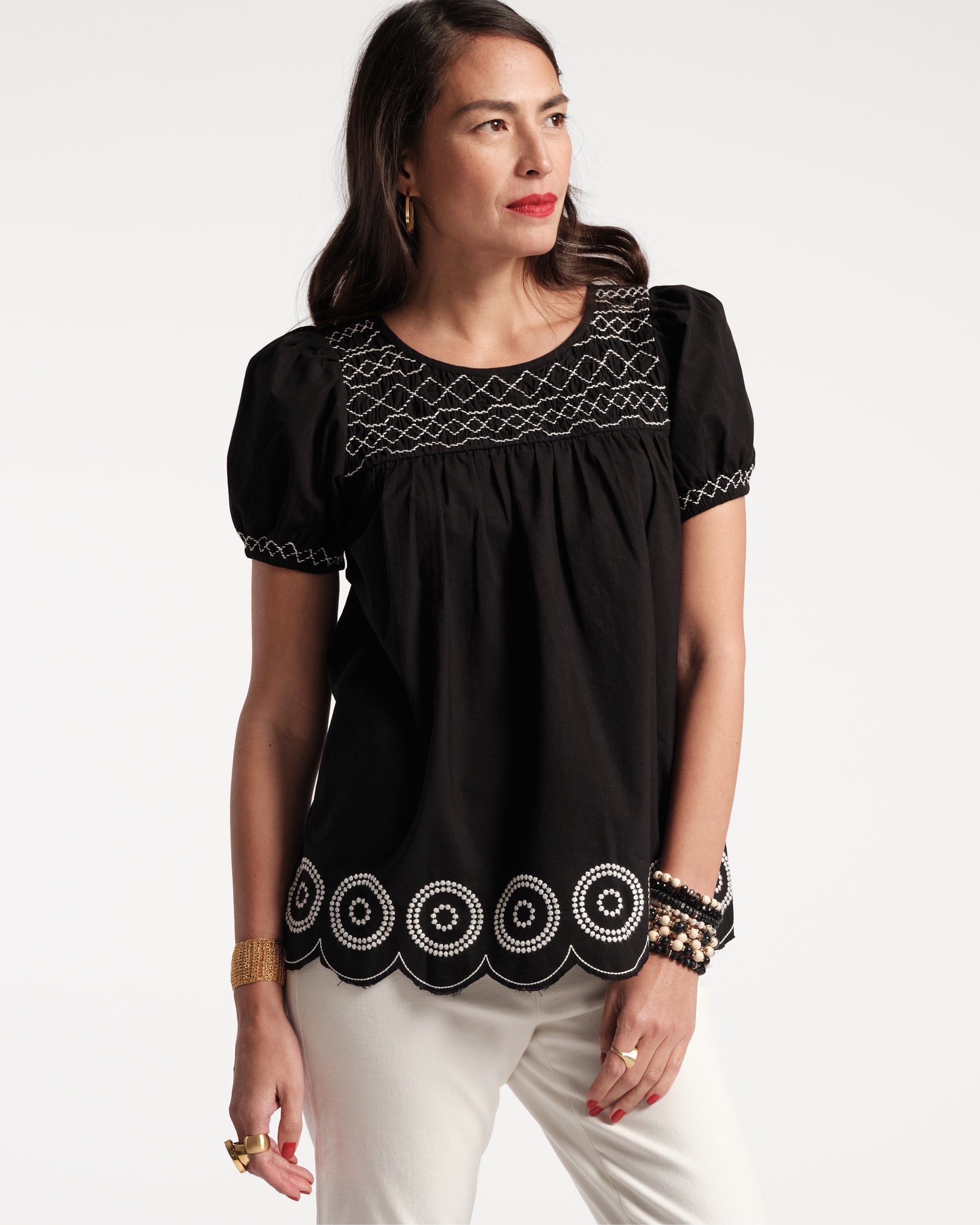 Whit Embroidered Cotton Top Black White