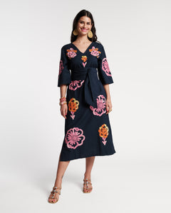 Emi Embroidered Dress Graphic Gerbera Navy Pink - Frances Valentine