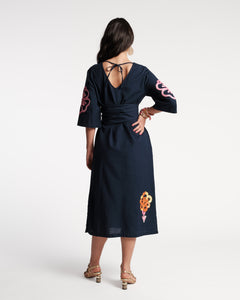Emi Embroidered Dress Graphic Gerbera Navy Pink - Frances Valentine