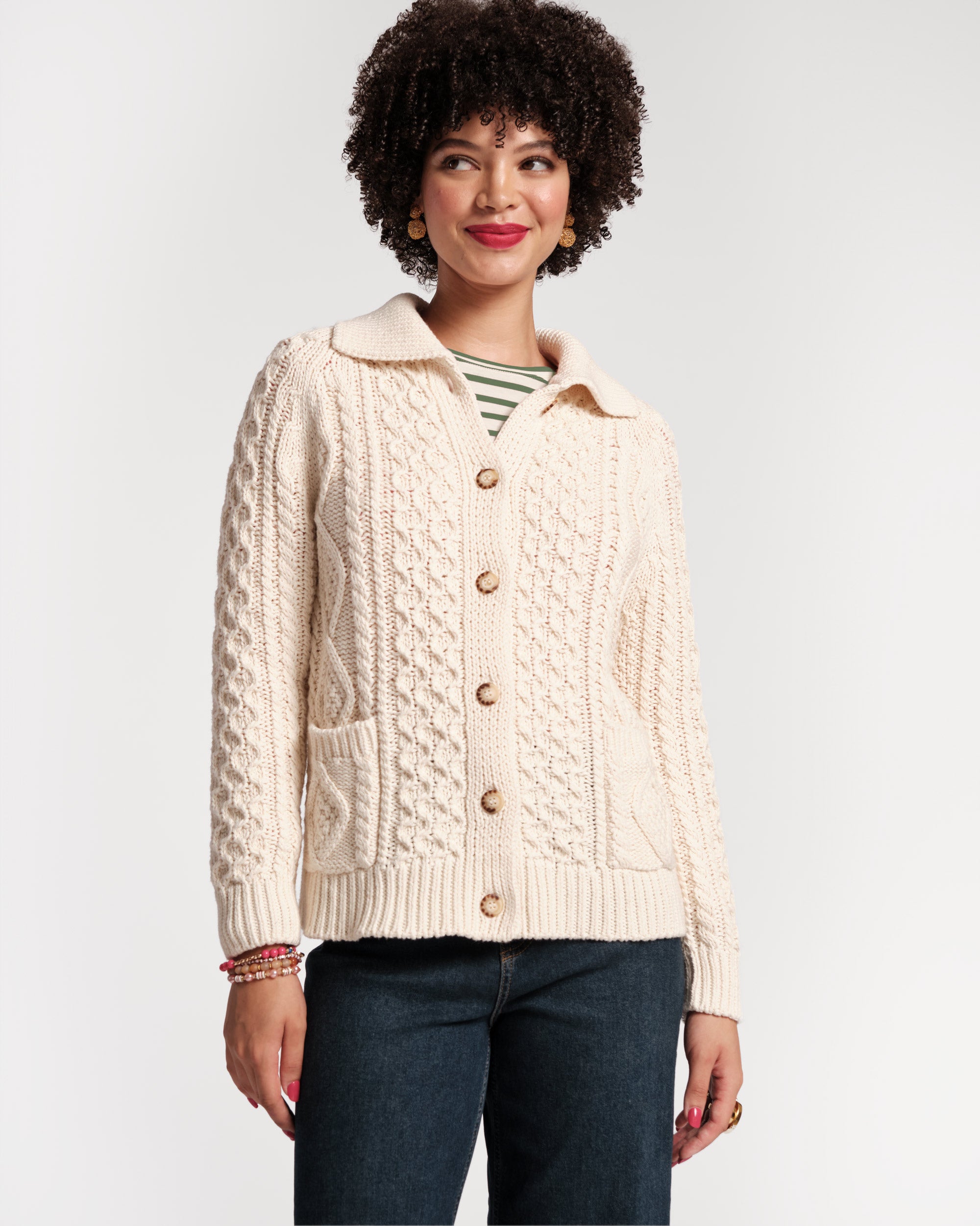 Pima Cotton Fisherman Cardigan Sweater Natural