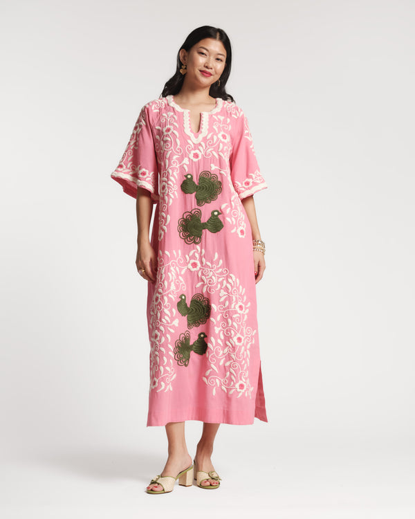 Embroidered Peacock Charming Caftan - Pink Caftan Frances Valentine