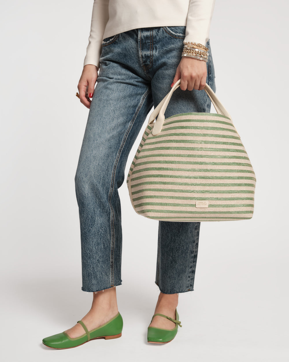 Sweet Pea Raffia - Green Stripe Large Tote Frances Valentine