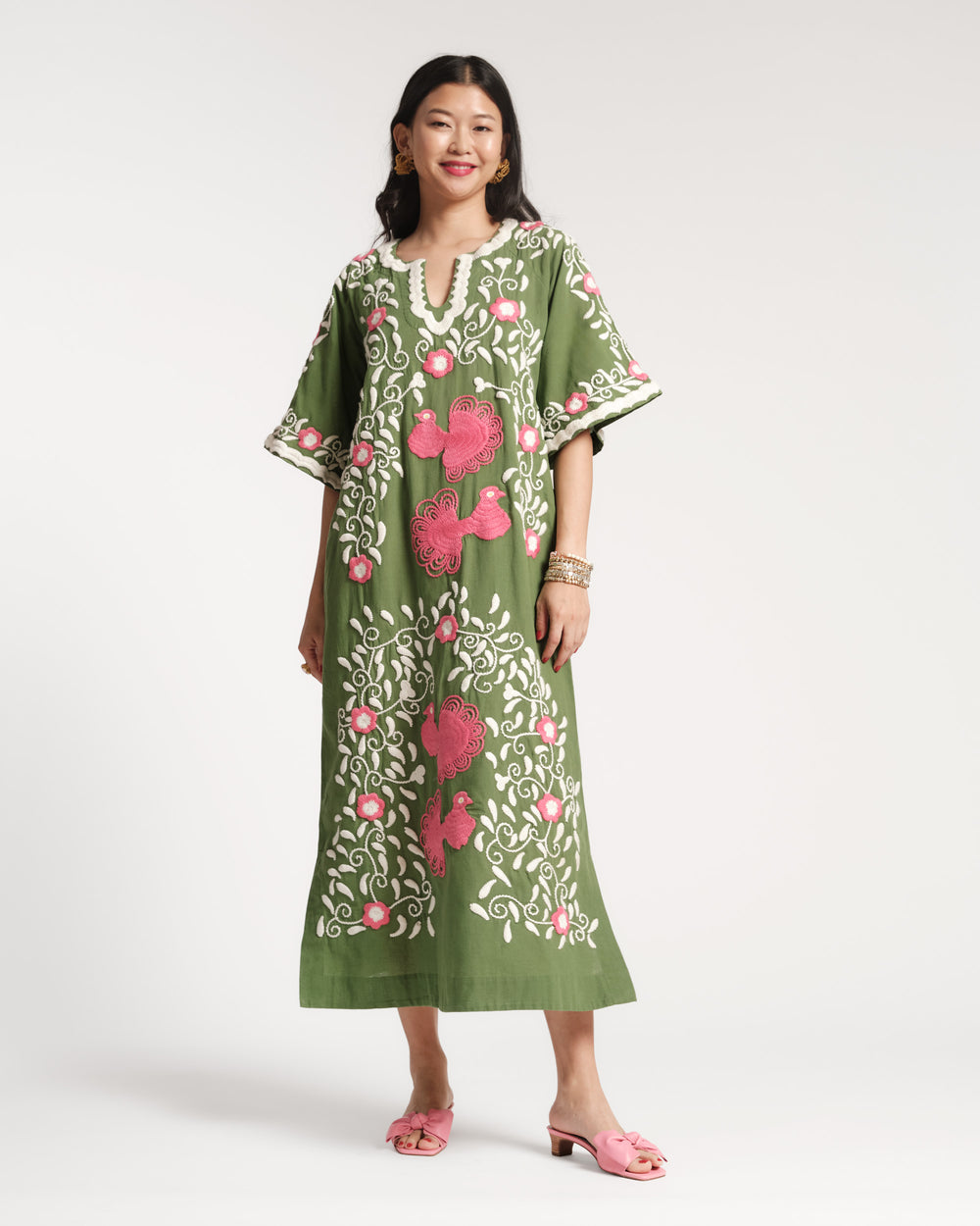 Embroidered Peacock Charming Caftan - Green Caftan Frances Valentine