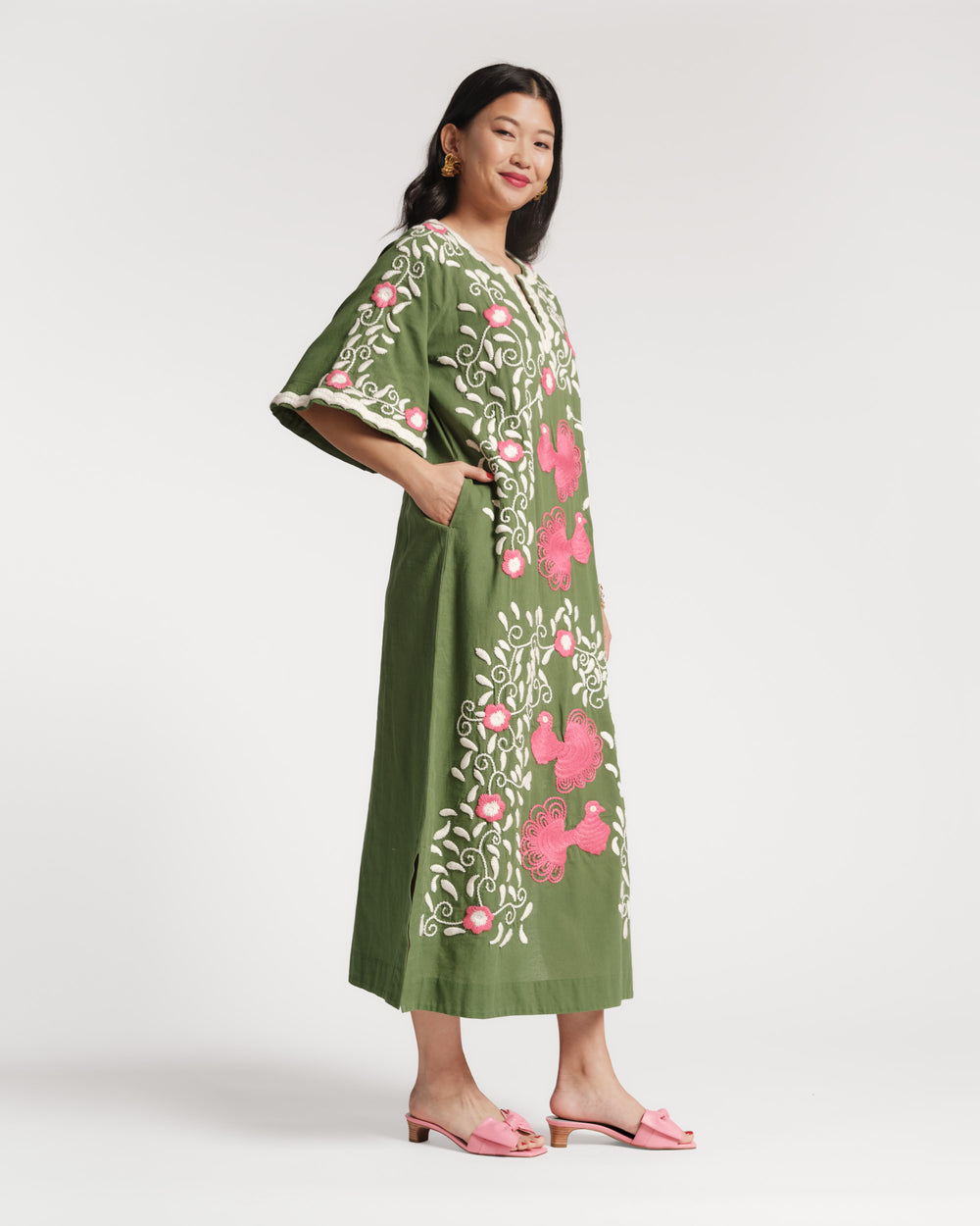Embroidered Peacock Charming Caftan - Green Caftan Frances Valentine