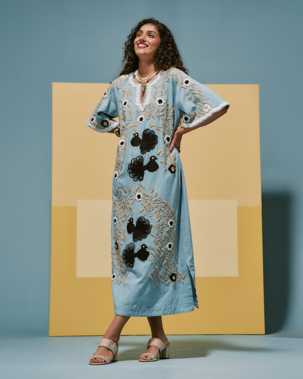 Embroidered Charming Caftan - Light Blue/Black Caftan Frances Valentine