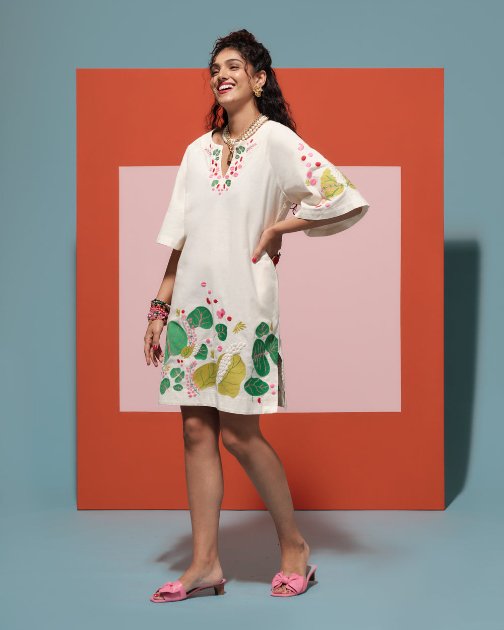 The Colony Hotel Charming Caftan Mini - Oyster/Green Caftan Frances Valentine