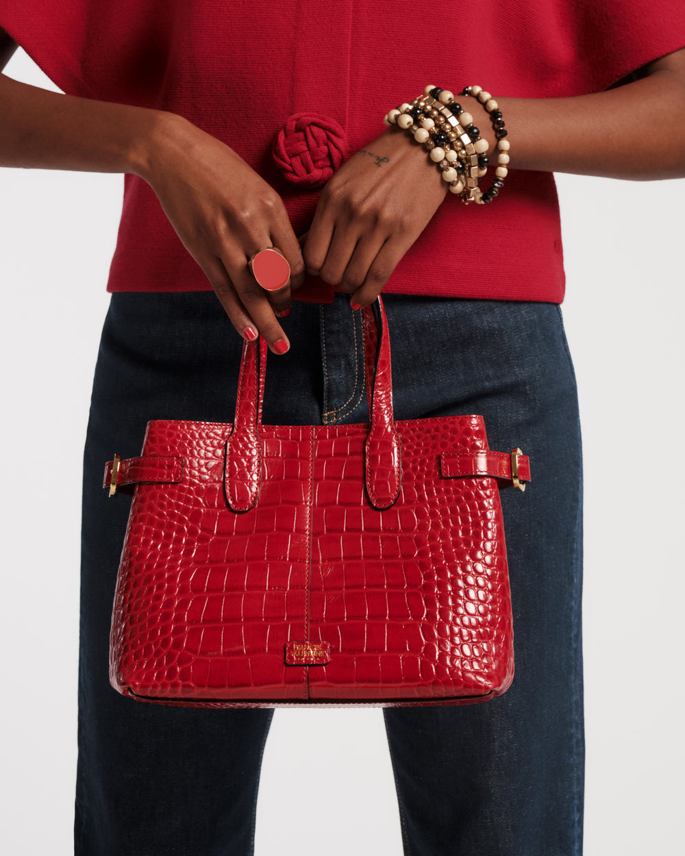 Amalie Tote - Croc Emboss Red - Frances Valentine