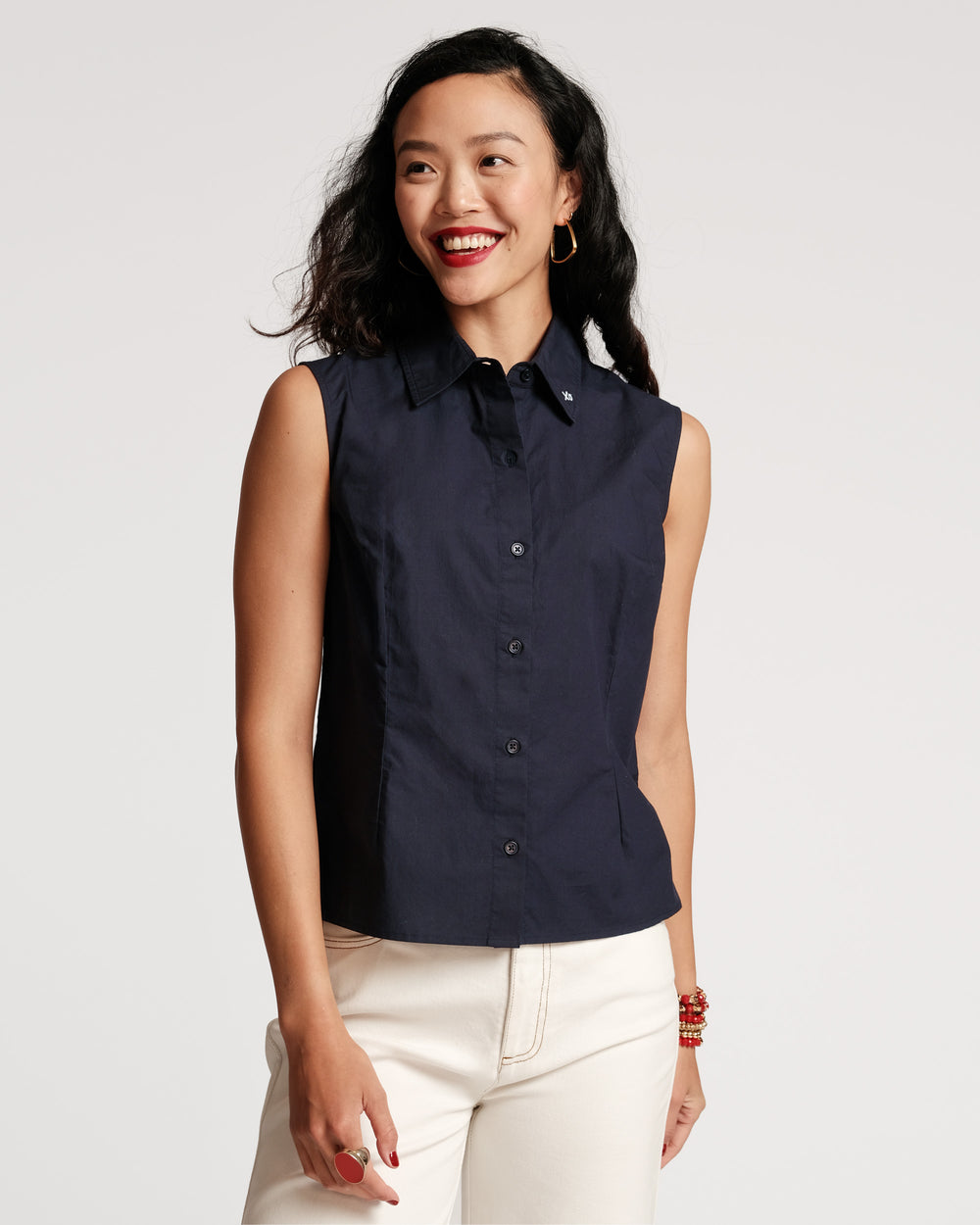 Lizzie Pointed Collar Shell Cotton Navy - Frances Valentine