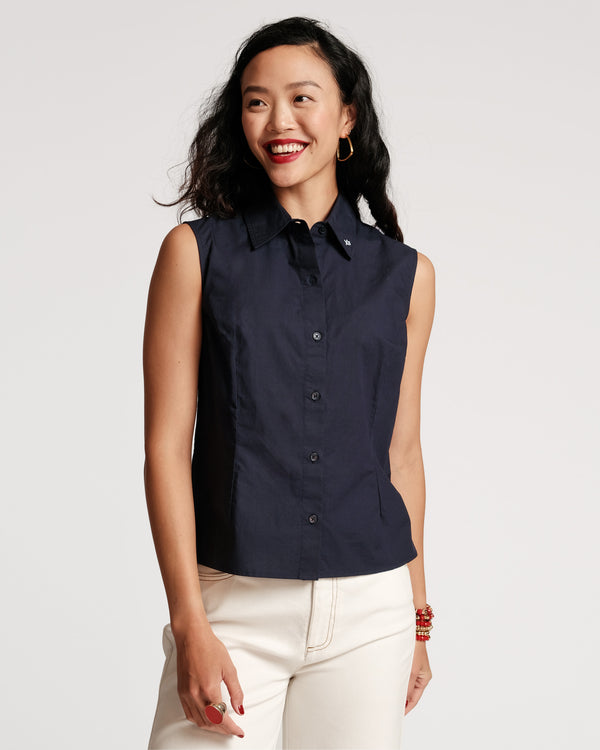 Lizzie Pointed Collar Shell Cotton Navy - Frances Valentine