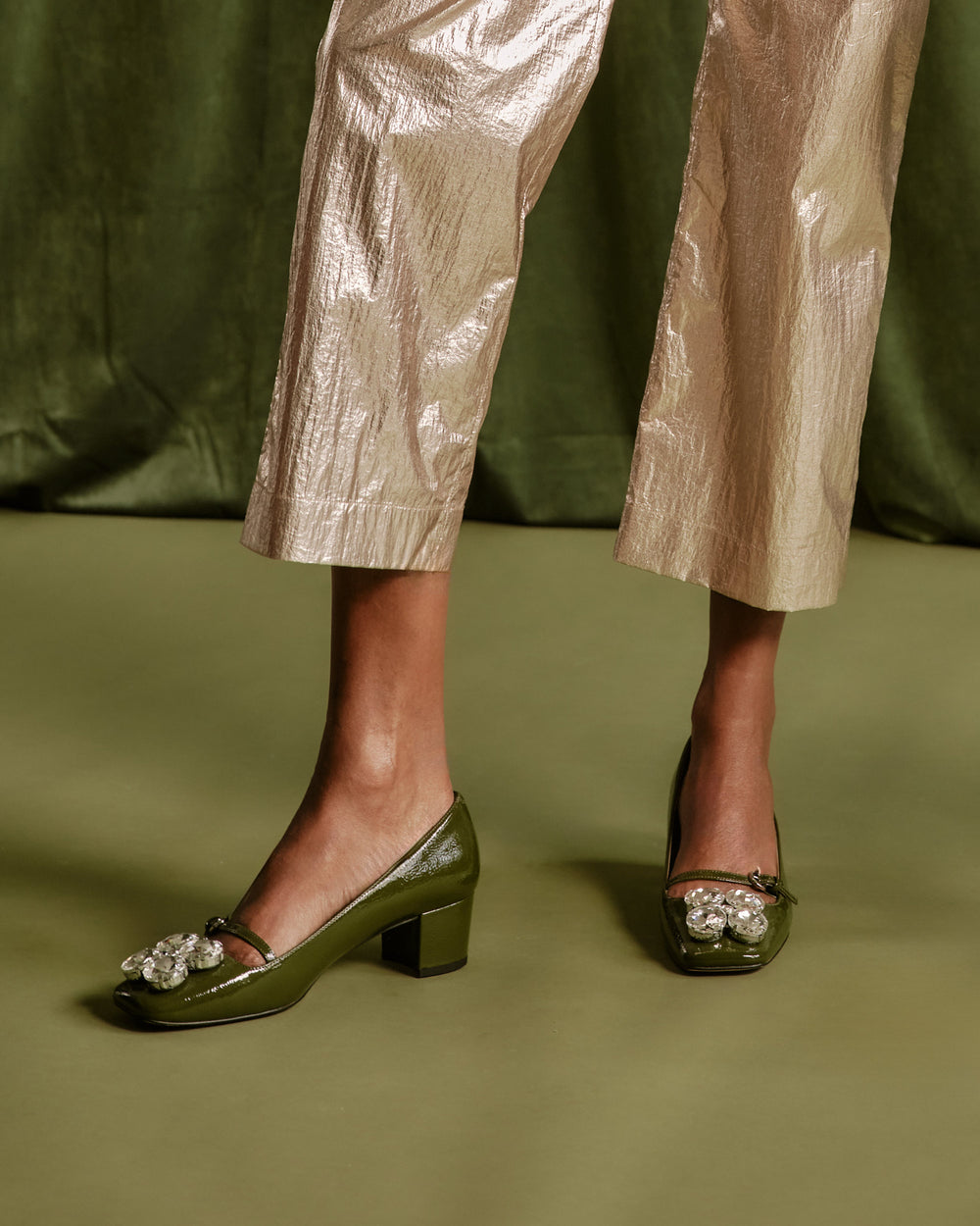 Josephine Heel - Crinkled Leather Olive Heels Frances Valentine