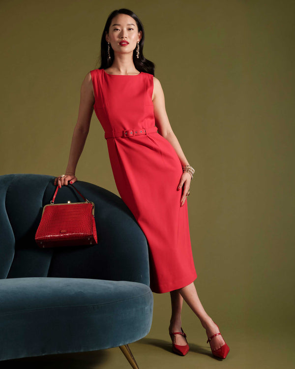 Audrey Belted Midi Dress - Red - Frances Valentine