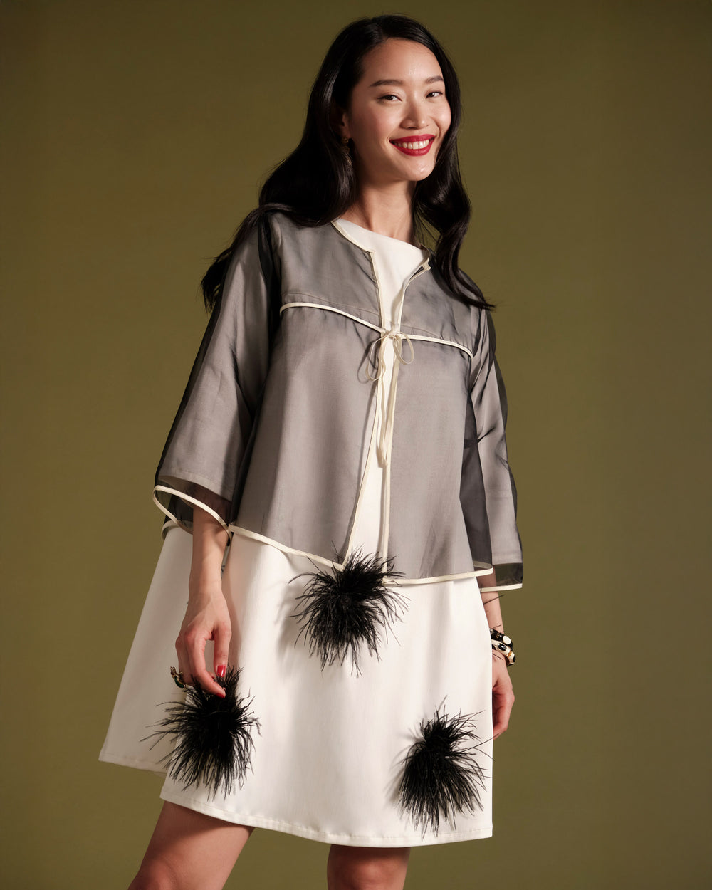 Edie Feather Mini Dress - White/Black - Frances Valentine