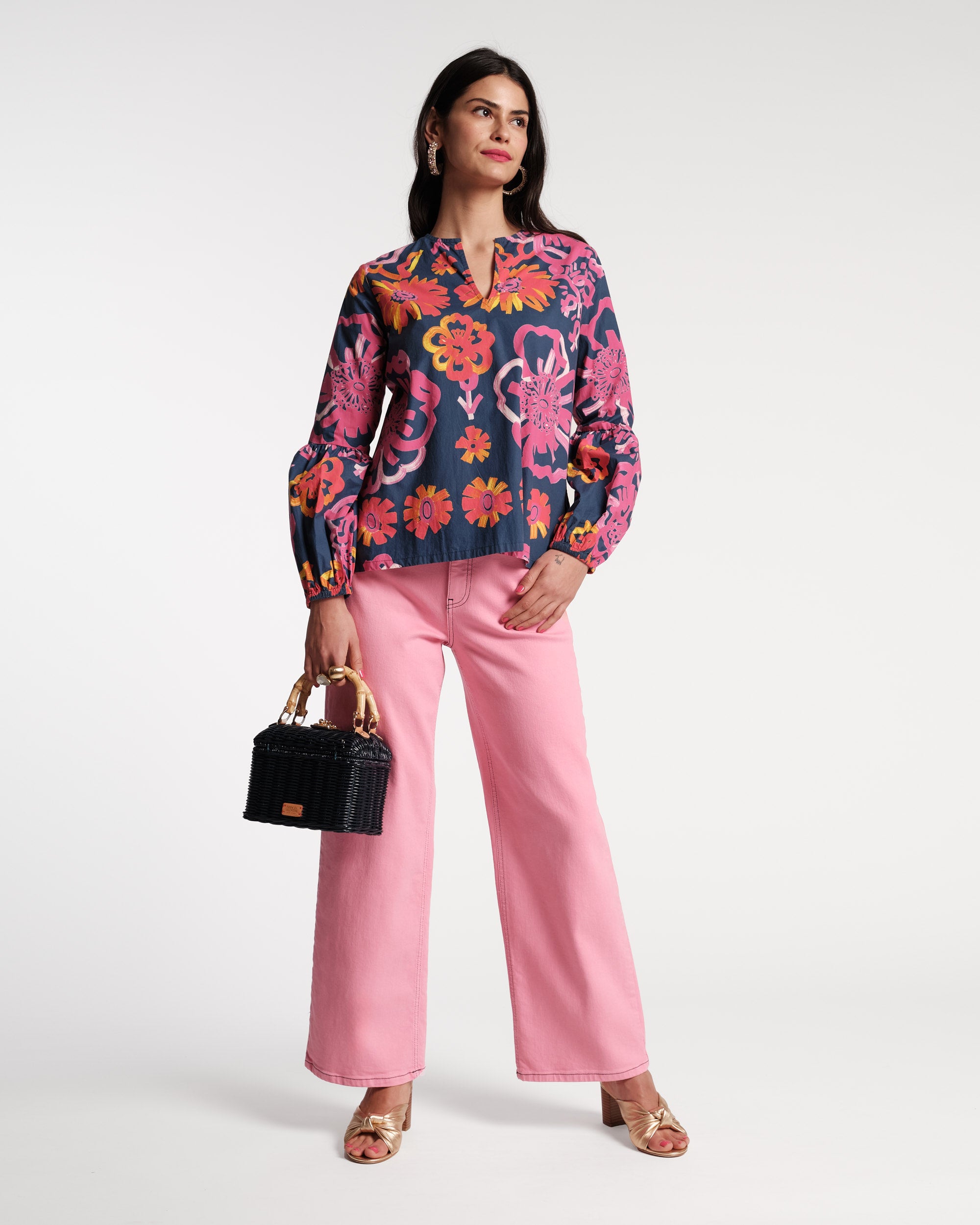 Olive Top Cotton Graphic Gerbera Print