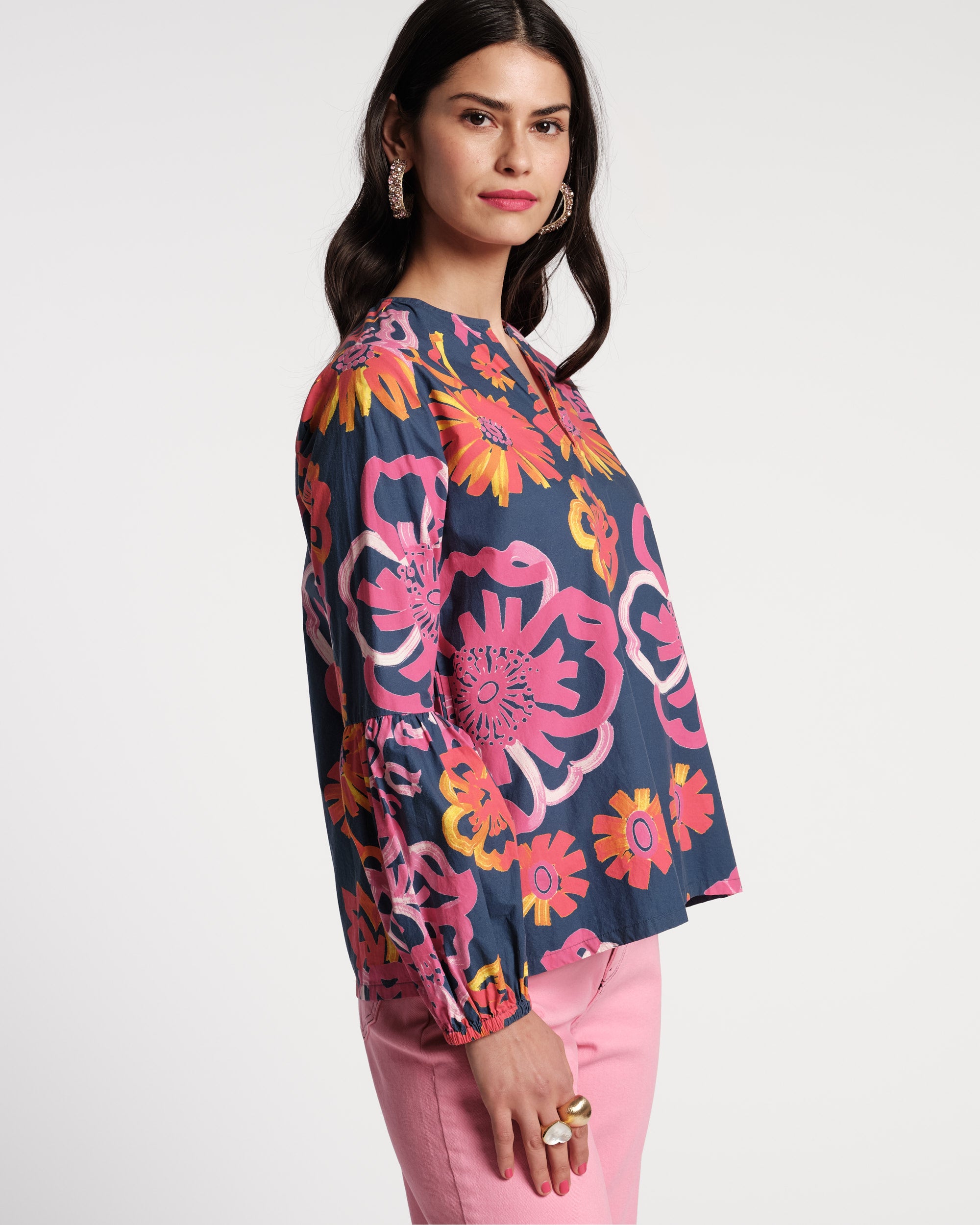 Olive Top Cotton Graphic Gerbera Print