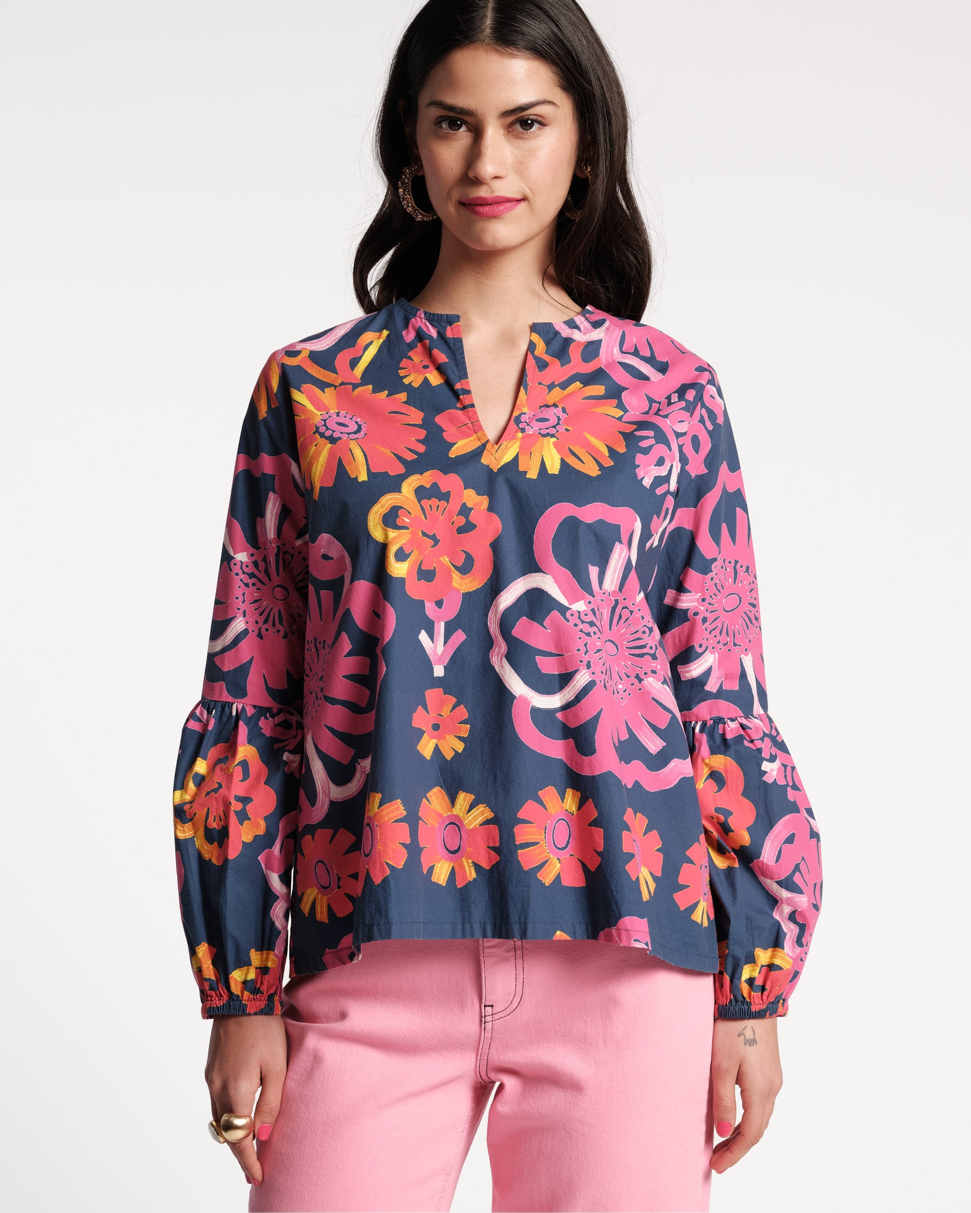 Olive Top Cotton Graphic Gerbera Print