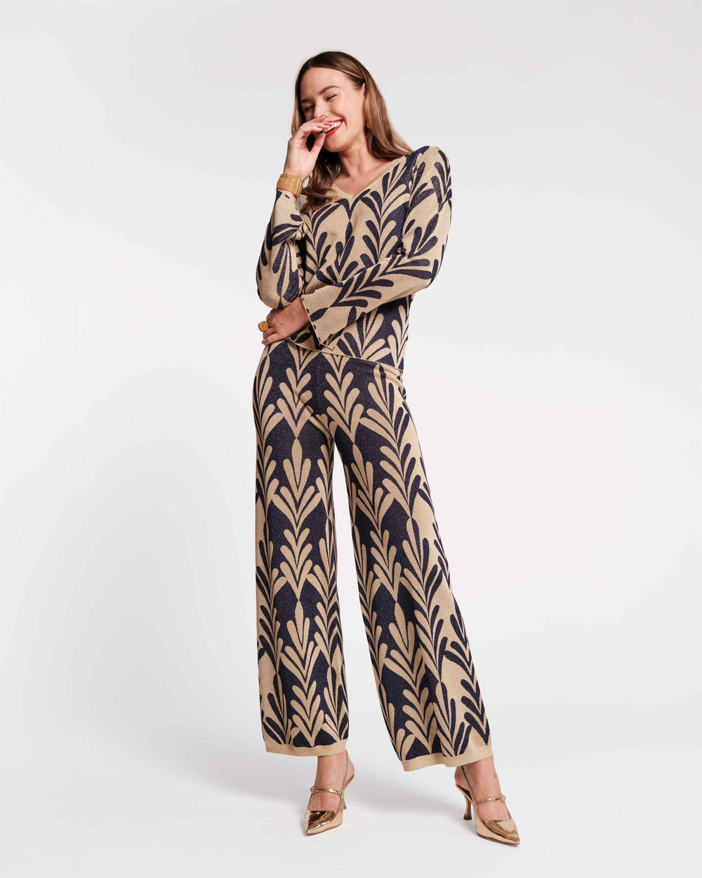 Dakota Top Royal Palm Knit Lurex Navy/Gold - Frances Valentine