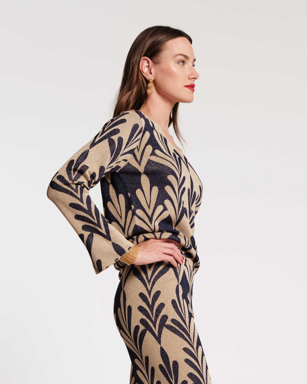 Dakota Top Royal Palm Knit Lurex Navy/Gold - Frances Valentine