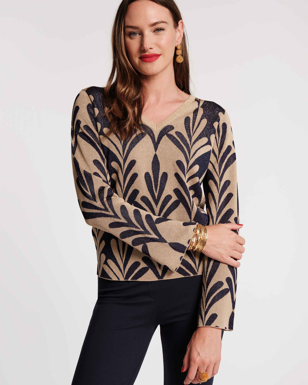 Dakota Top Royal Palm Knit Lurex Navy/Gold - Frances Valentine