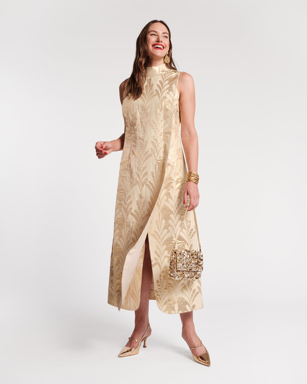 Carlyle Maxi Dress Royal Palm Jacquard Gold Dresses Frances Valentine