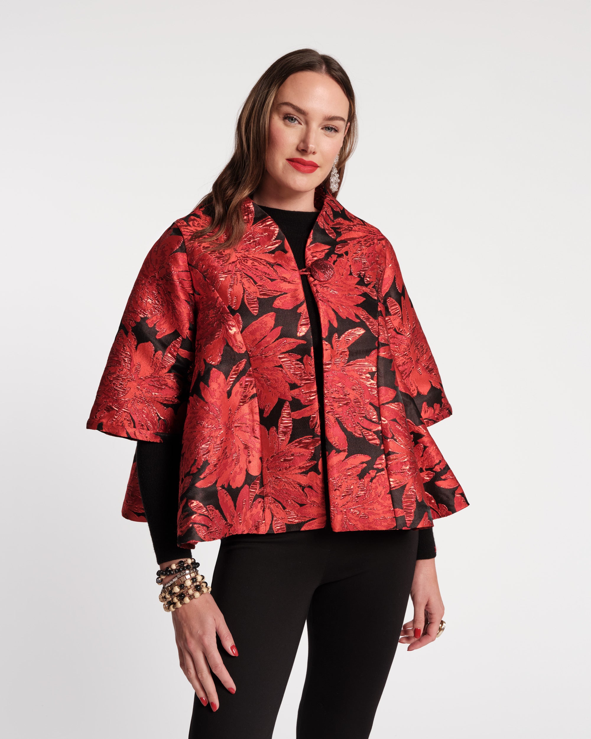 Swing Jacket - Metallic Floral Jacquard Red – Frances Valentine