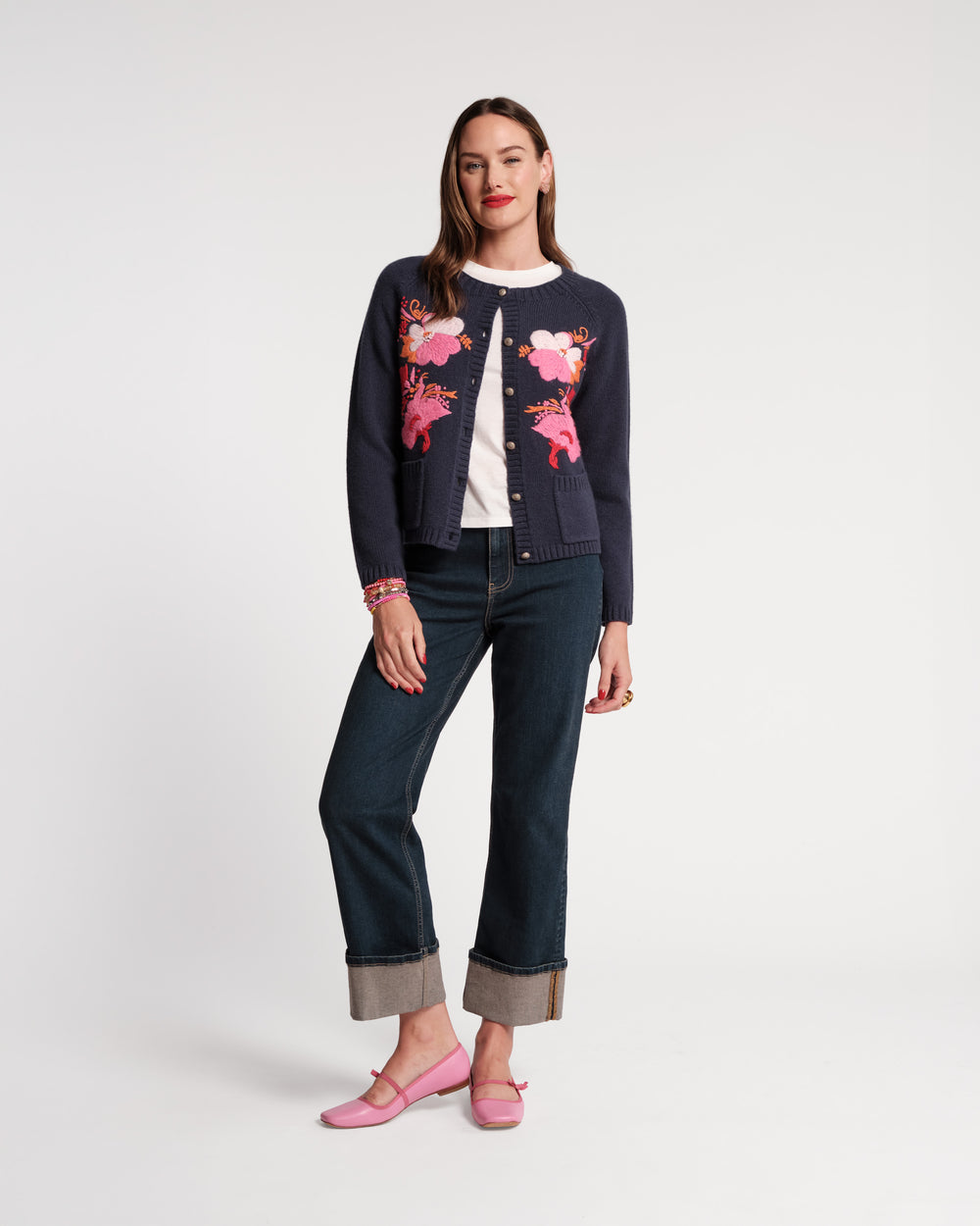 Wool Tulip Bouquet Cardigan - Navy