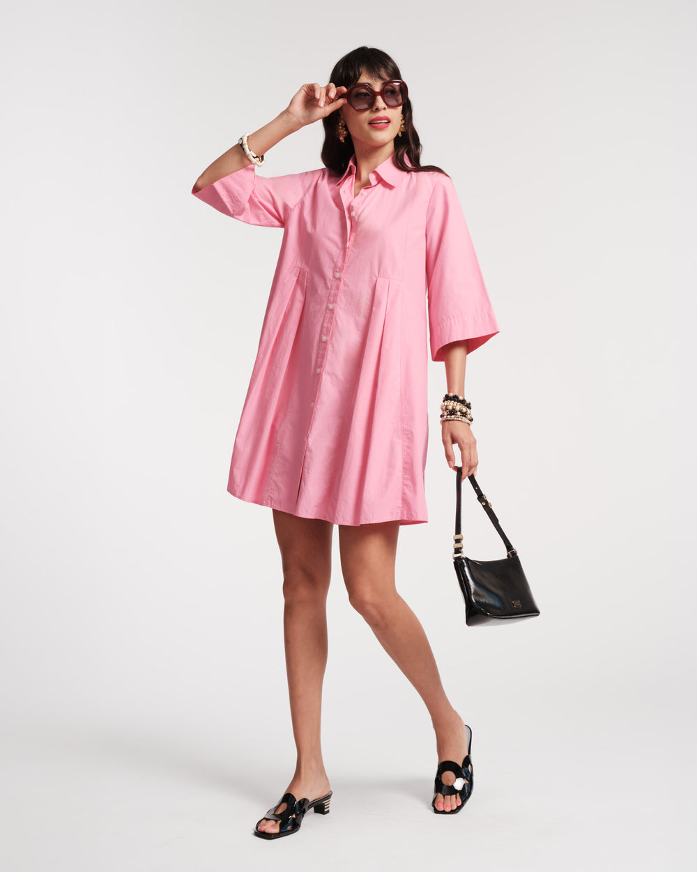 Isla Pleated Mini Shirtdress - Pink Dresses Frances Valentine