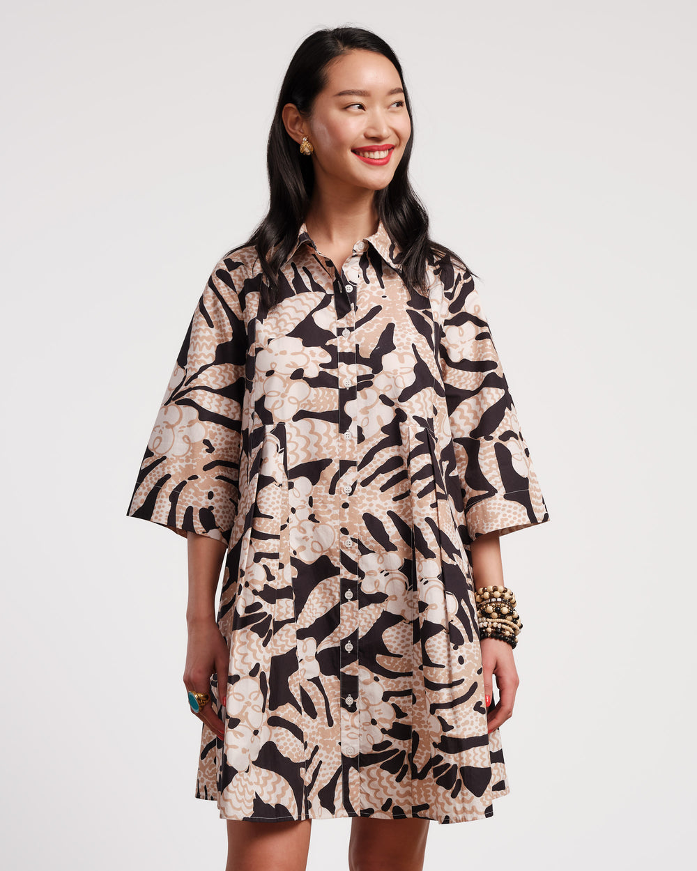 Isla Shirtdress Sketchy Jungle Cotton Poplin Taupe/Black - Frances Valentine