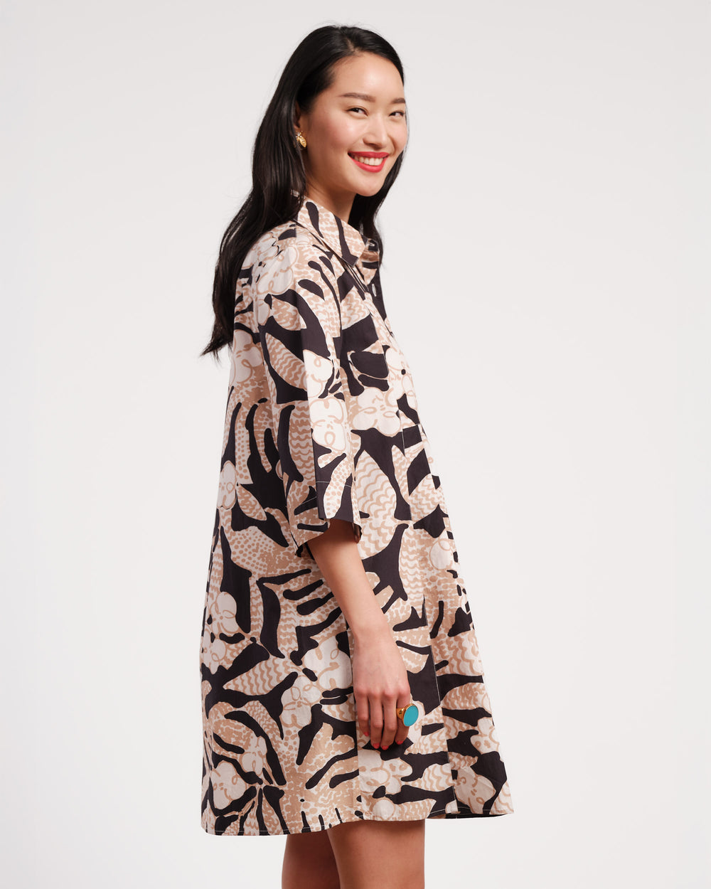 Isla Shirtdress Sketchy Jungle Cotton Poplin Taupe/Black - Frances Valentine
