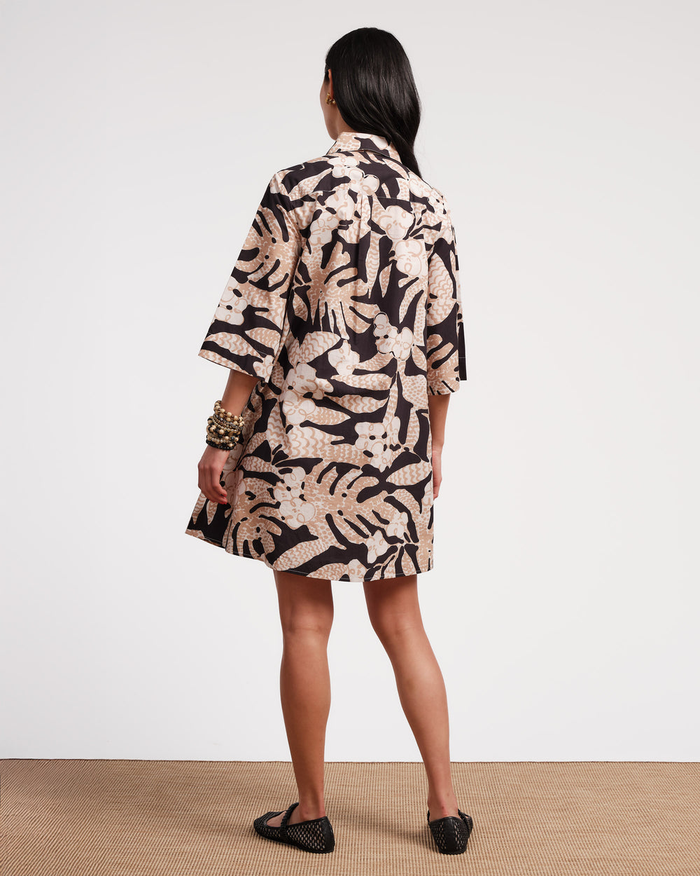 Isla Shirtdress Sketchy Jungle Cotton Poplin Taupe/Black - Frances Valentine