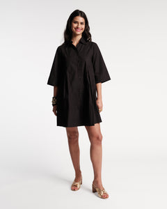 Isla Pleated Mini Shirtdress Cotton Poplin Black - Frances Valentine