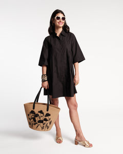 Isla Pleated Mini Shirtdress Cotton Poplin Black - Frances Valentine