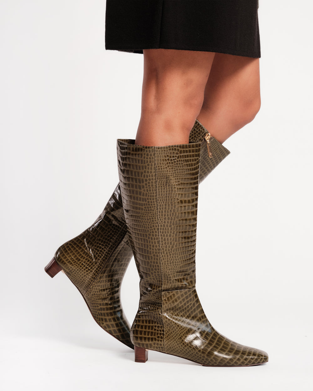 Mackie Boot - Croc Emboss Leather Olive Boots Frances Valentine