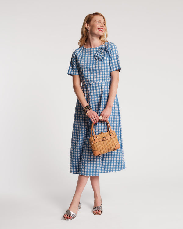 Michelle Midi Dress Gingham Cotton Blue/White Frances Valentine