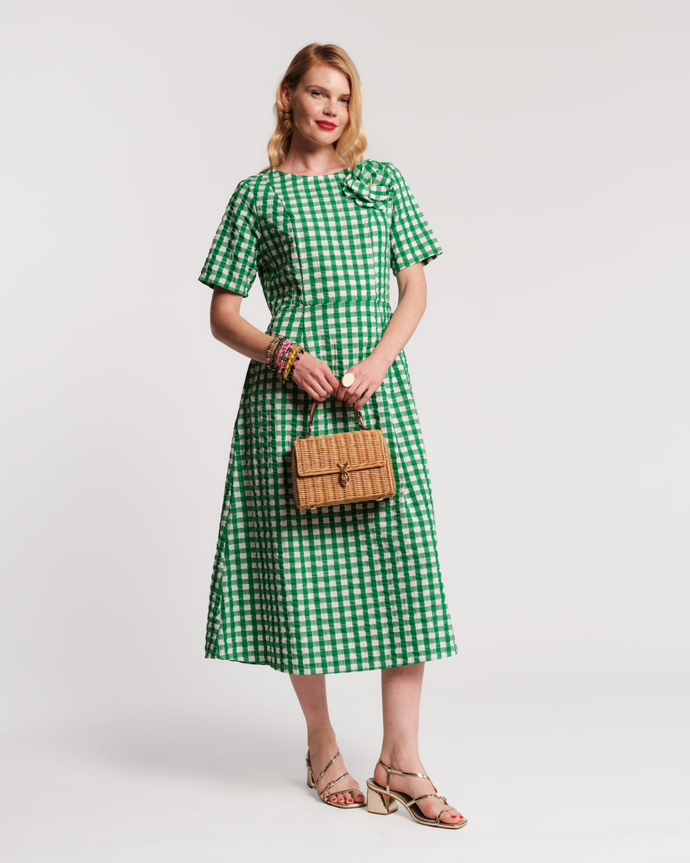 Michelle Midi Dress Gingham Cotton Poplin Green/Oyster Frances Valentine