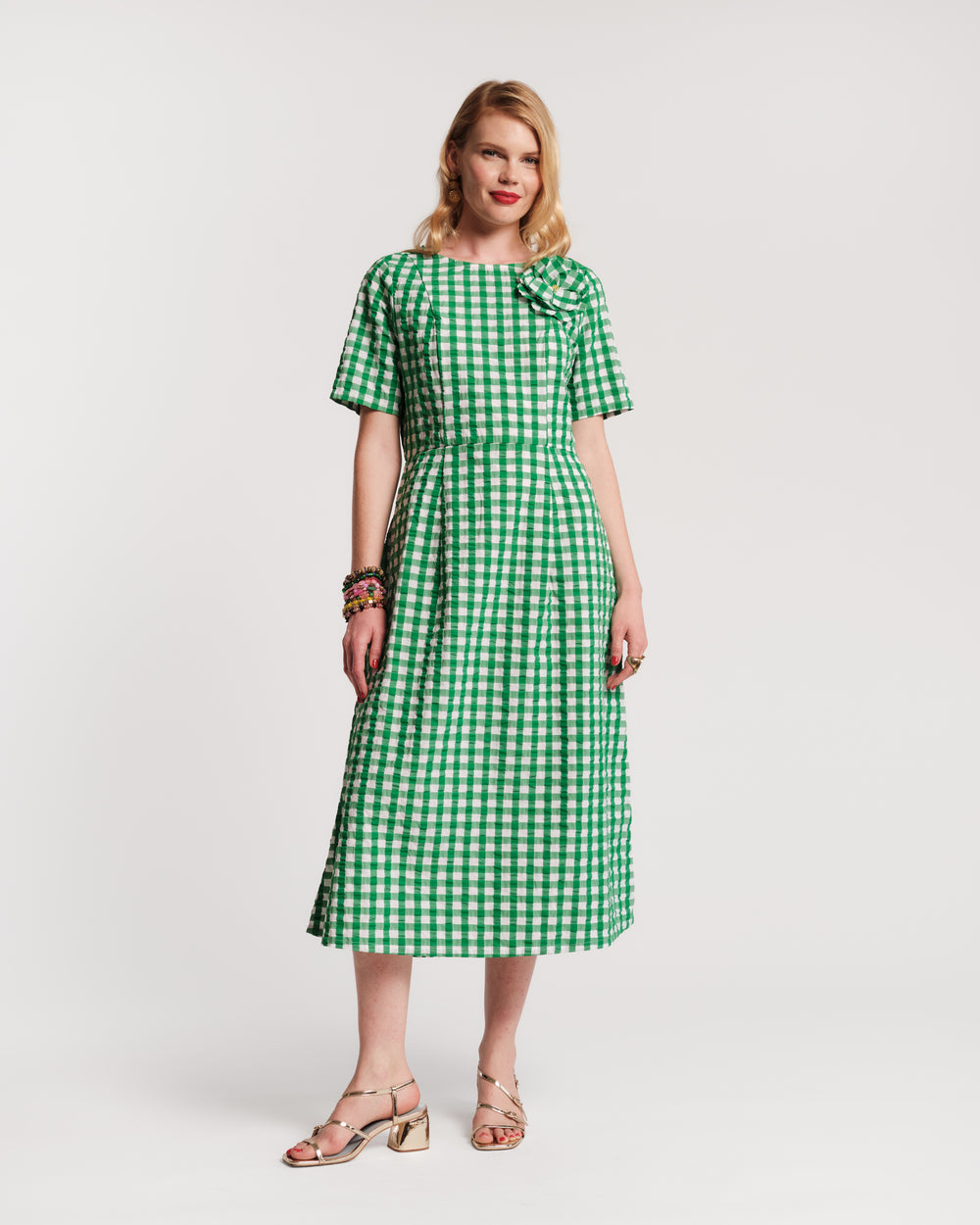 Michelle Midi Dress Gingham Cotton Poplin Green/Oyster Frances Valentine