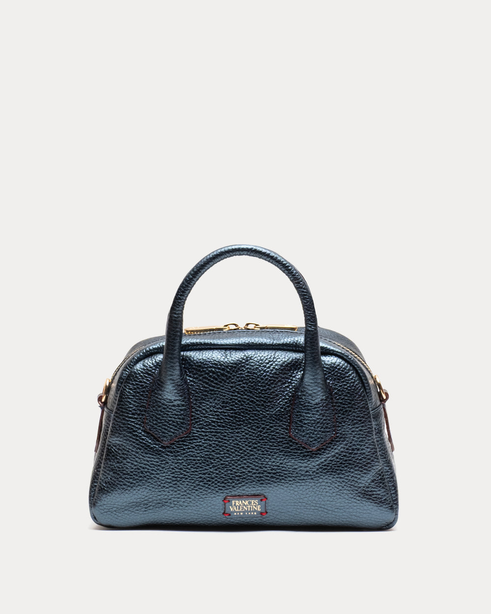 Mini Bowler Bag - Tumbled Leather Metallic Navy Shoulder Bag Frances Valentine