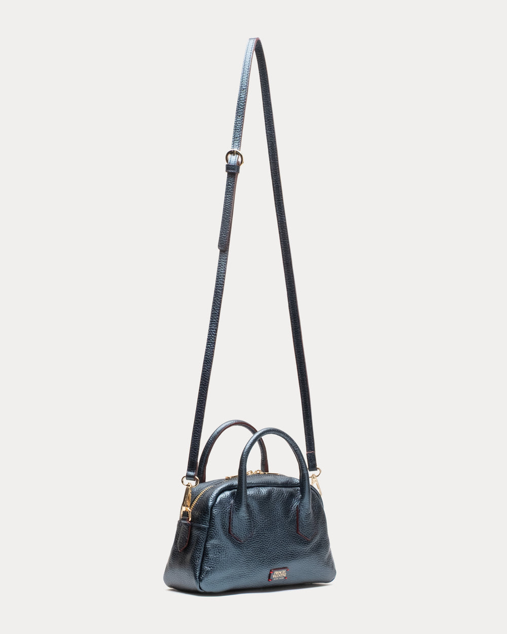 Mini Bowler Bag - Tumbled Leather Metallic Navy Shoulder Bag Frances Valentine