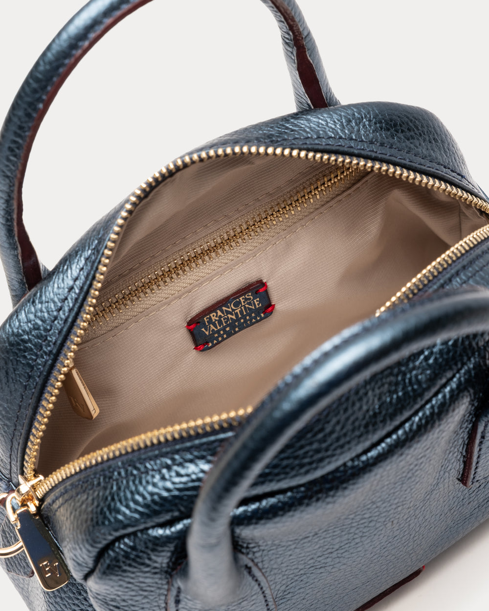 Mini Bowler Bag - Tumbled Leather Metallic Navy Shoulder Bag Frances Valentine