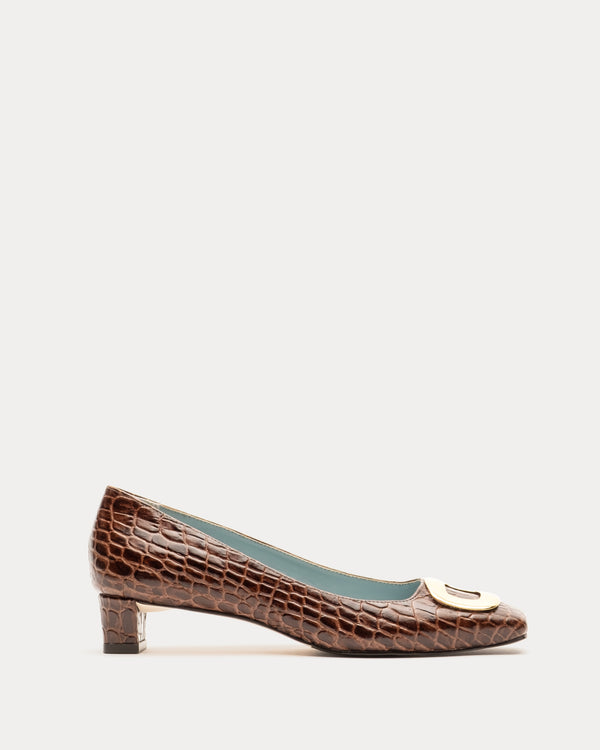 Mary Mini Block Heel Croc Embossed - Brown - Frances Valentine