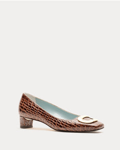 Mary Mini Block Heel Croc Embossed Leather Chocolate - Frances Valentine