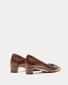 Mary Mini Block Heel Croc Embossed Leather Chocolate - Frances Valentine