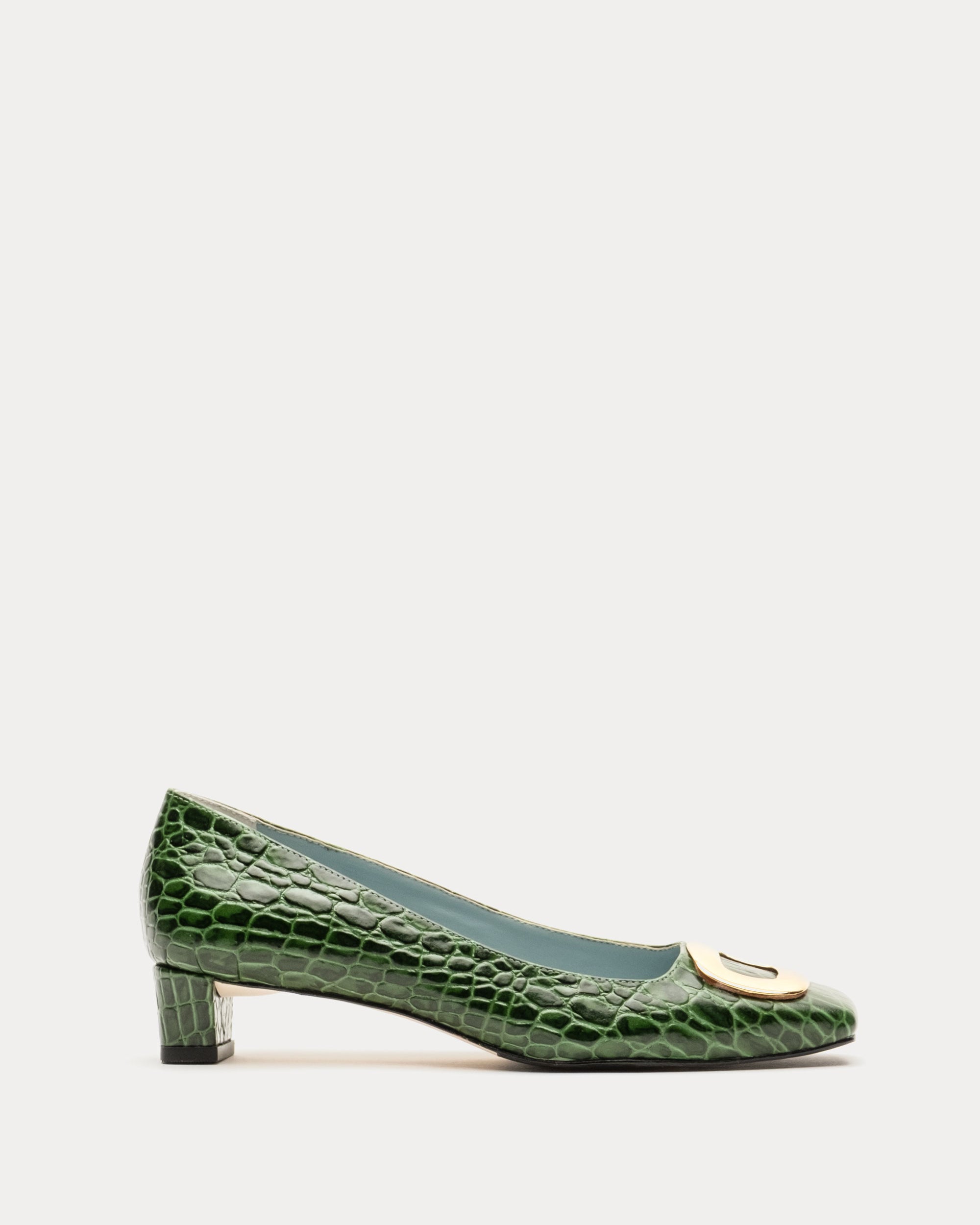 Mary Mini Block Heel Croc Embossed Leather Dark Green