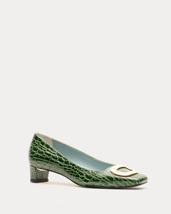 Mary Mini Block Heel Croc Embossed Leather Dark Green - Frances Valentine