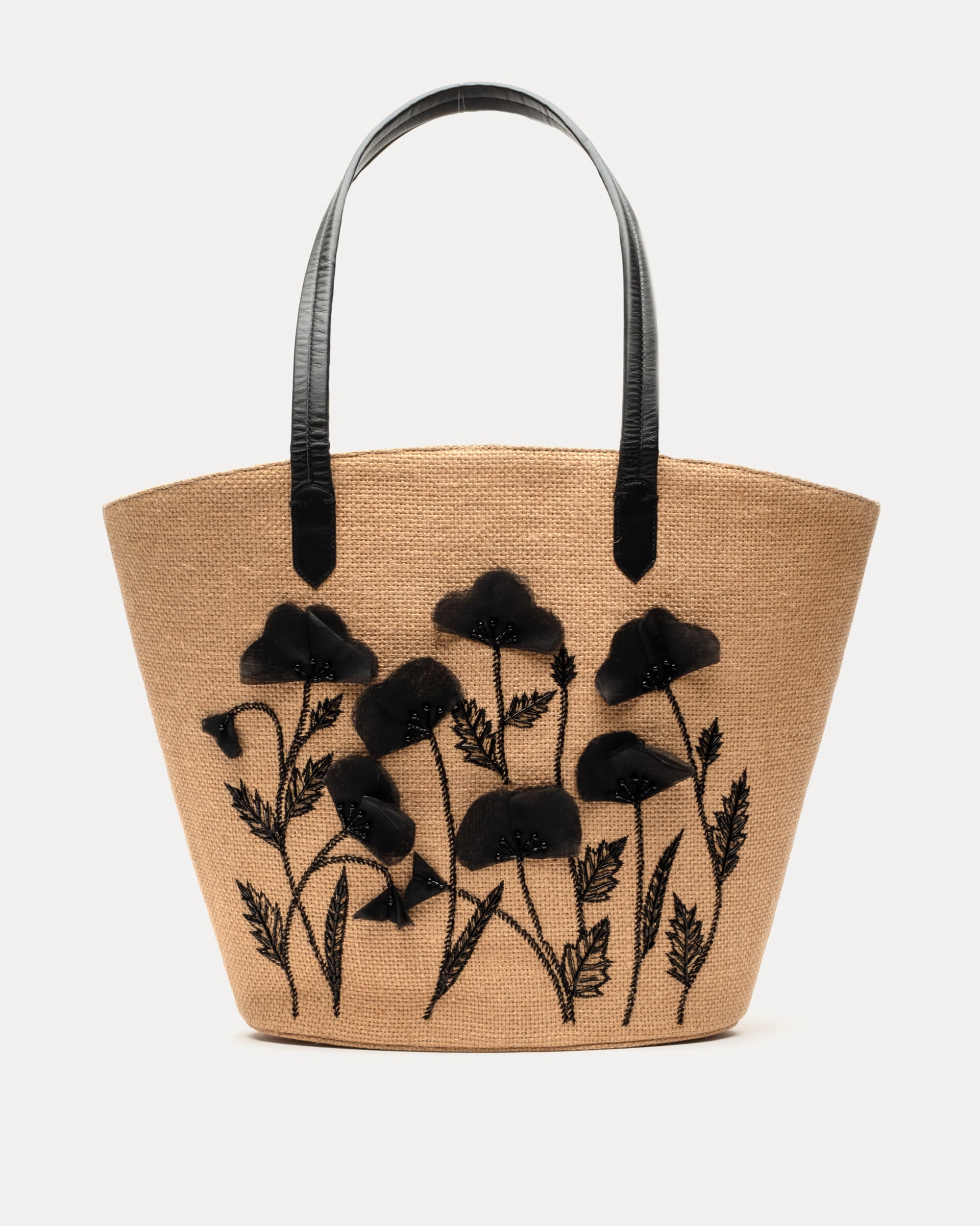 Jute Tote w/ Flower Embroidery Natural Black